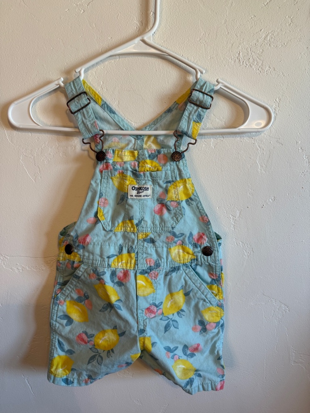 OshKosh B'gosh Sky Blue Lemon Print Short Overalls